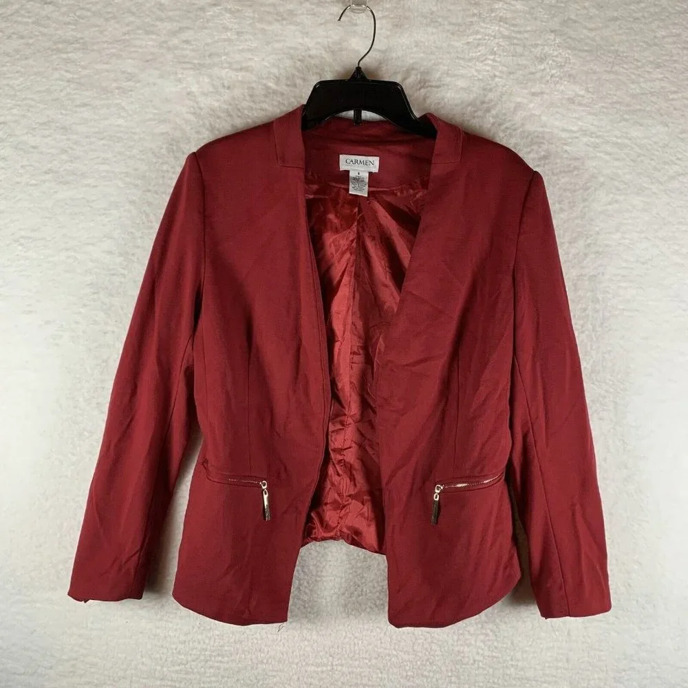 Carmen Milano Blazer Women's 8 Red Rayon Stretch Long Sleeve Lapelless 6590‎